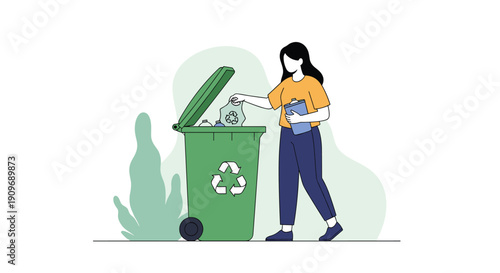A young woman responsibly throwing a plastic bag into a green recycling bin to help protect the environment and promote sustainability.