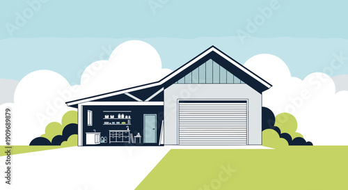A cross-section view of a modern house garage, showing the interior with tools, shelves, and storage, and a driveway outside.