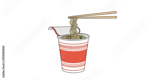 An illustration of chopsticks lifting noodles from a red and white instant ramen cup, a quick and convenient meal, on a white background.