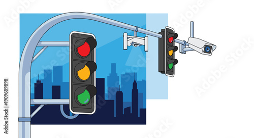 An illustration of modern traffic lights and surveillance cameras mounted on a pole against a blue city skyline, ensuring road safety.