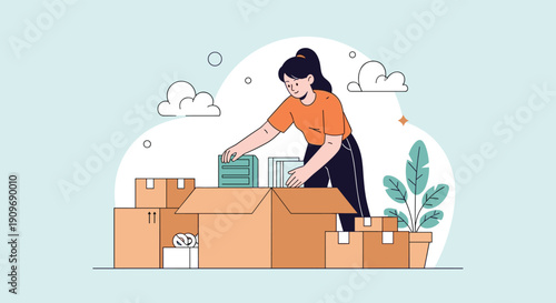 A young woman is carefully packing books and other belongings into cardboard boxes, preparing for a move to a new home.