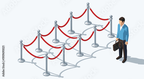 Isometric illustration of a businessman with a briefcase facing a confusing maze made of red velvet rope stanchions, symbolizing bureaucracy.