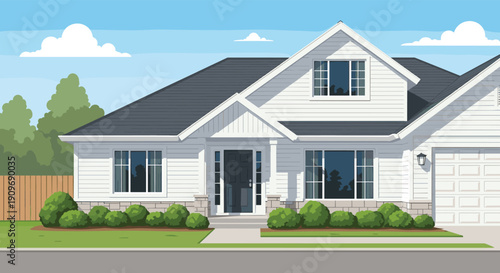 Front view of a beautiful modern American suburban house with white siding, a dark roof, and a well-maintained front lawn.