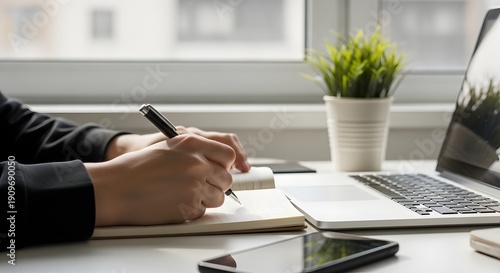 Focused view of a person writing in a notebook next to laptop and mobile phone. Perfect for illustrating office work