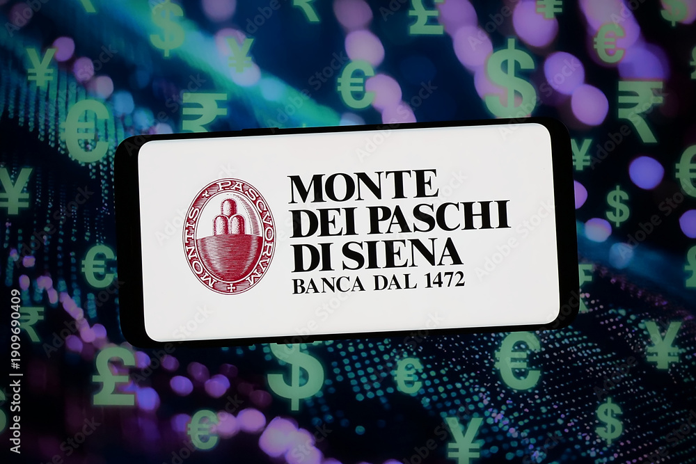 Obraz premium Stuttgart, Germany - 02-09-2026: In this photo illustration, the logo of Banca Monte dei Paschi di Siena S.p.A. (MPS) is displayed on a smartphone in front of abstract background on computer screen.