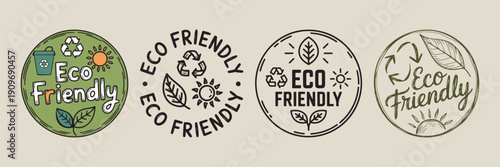 Four circular eco friendly badges with recycling symbols