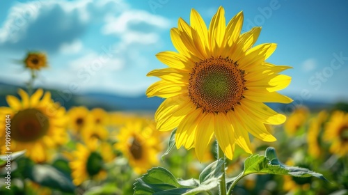 A large sunflower stands tall in a vibrant field of sunflowers under a bright blue sky