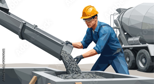 Vector illustration of construction worker pouring concrete from a truck chute into a concrete form. Low poly design. Great for construction or infrastructure concepts.