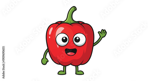 Cartoon red bell pepper with a face waving cheerfully