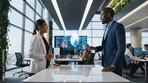 Wallpaper Mural Business professionals interact with a holographic display in a modern office setting Torontodigital.ca