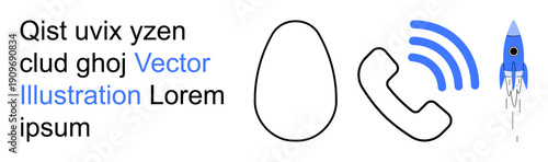 Communication, technology, innovation, start-up, remote work, connectivity. Abstract icons of a rocket, phone and signal lines. Communication and technology concept