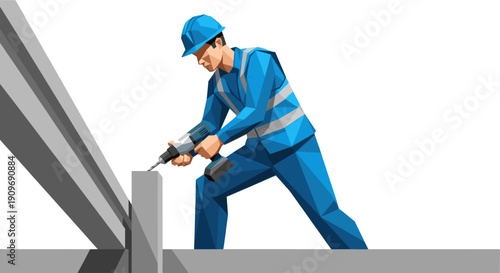 Low-poly vector illustration of a construction worker drilling into a concrete beam. Good for use in construction safety, design, or architecture-related content. White background.