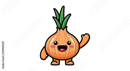 A cheerful cartoon onion character waving with a friendly expression