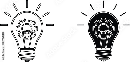 A creative illustration of two light bulbs with gears and smiling faces