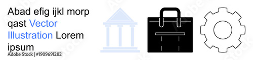 Business planning, government systems, engineering, career concepts, mechanics, professional services. Black suitcase, light blue column building and outlined gear. Business planning and government