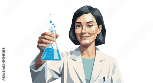 A stylized illustration of a female scientist smiling while holding a beaker with blue liquid. Perfect for illustrating science, research, and technology concepts.