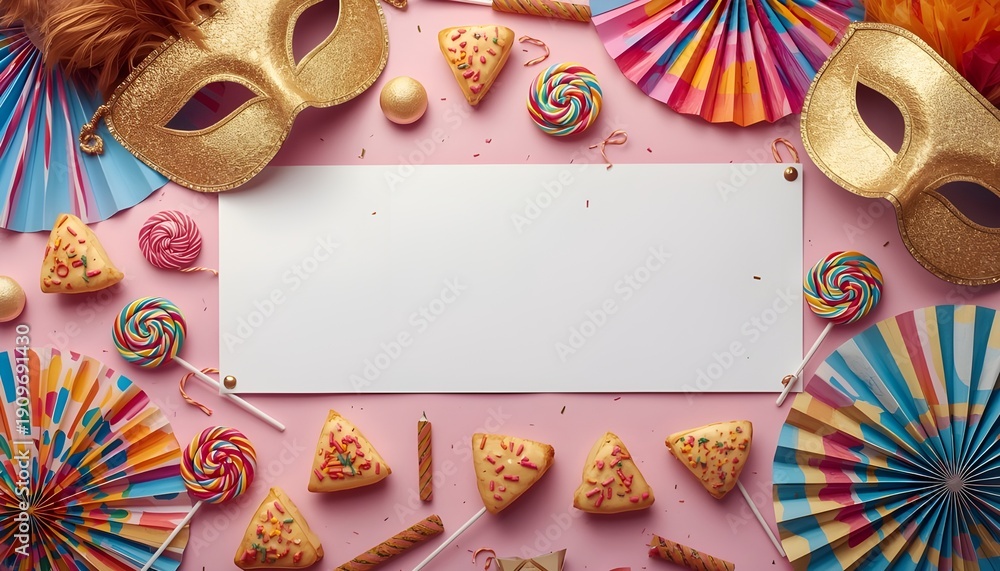 Obraz premium A colorful party scene with masks, candy, and snacks on a pink background