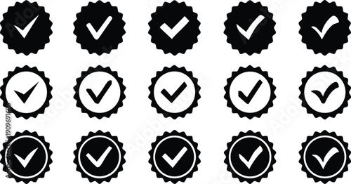 Collection of black and white checkmark icons in a badge shape representing approval and confirmation for web and app design isolated 