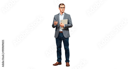 Full length illustration of a professional man holding a notebook. Geometric design style on a white background. For business, education, presentation needs.
