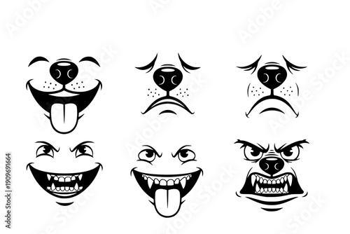 Dogs mouth expression. Animals face emotions. Cartoon various doggy character with tongue, nose, mouths, teeth. Happy, sad, funny, angry dog mood emojis. Vector set