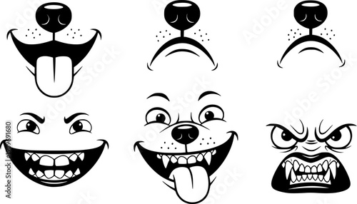 Dogs mouth expression. Animals face emotions. Cartoon various doggy character with tongue, nose, mouths, teeth. Happy, sad, funny, angry dog mood emojis. Vector set