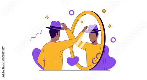 Man Adjusting Hat in Front of Mirror.