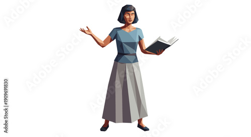 Low polygon style illustration of a woman holding a book and gesturing. Useful for presentations, education, or conceptual projects with a modern aesthetic.