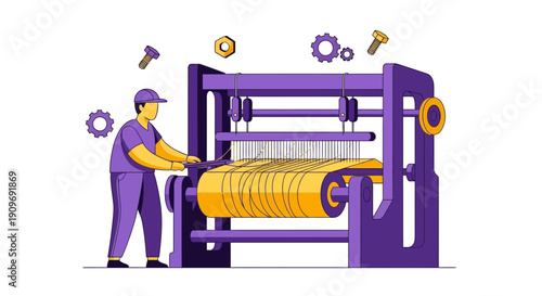 Man Operating Large Printing Machine.