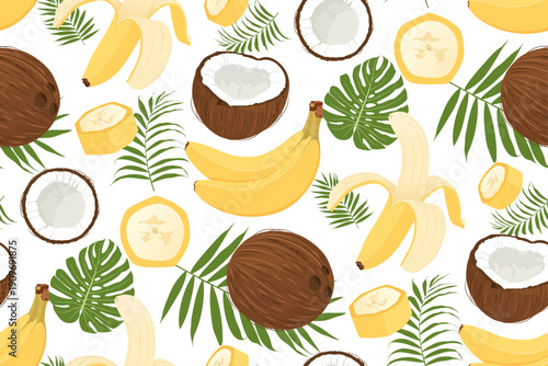 Summer seamless pattern with coconut, banana and palm leaves. Tropical fruits pattern. Background for pool, spa or bar.