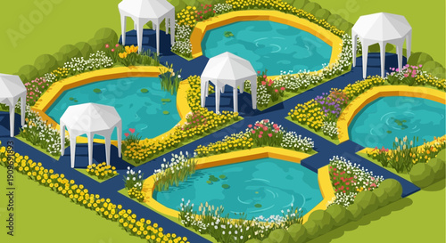 Ponds with Gazebo and Flowering Gardens.