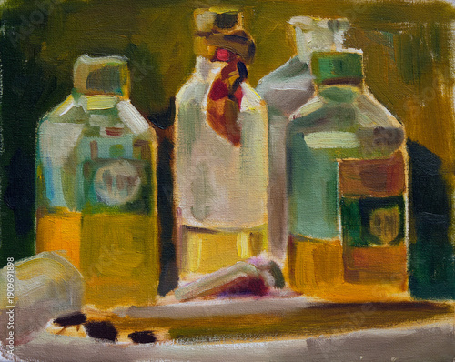 Sketch with bottles. Oil painting on canvas.