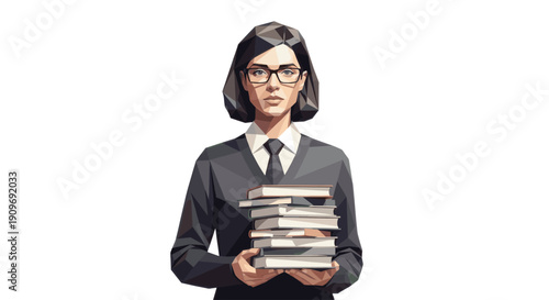 Polygonal illustration of a woman in a suit holding books, great for education, academic, library concepts. Isolated on white for easy use. Ideal for website banners, articles, presentations.