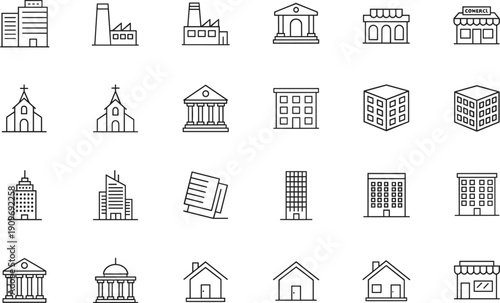 Building architecture line icons set with houses offices banks churches stores and urban property outline symbols collection