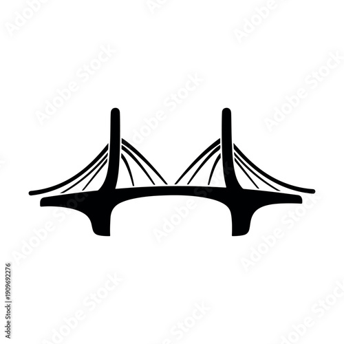 Modern black and white cable-stayed bridge illustration isolated on white background minimalist design architecture