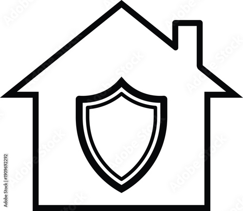 Black outline house with shield symbol inside home protection