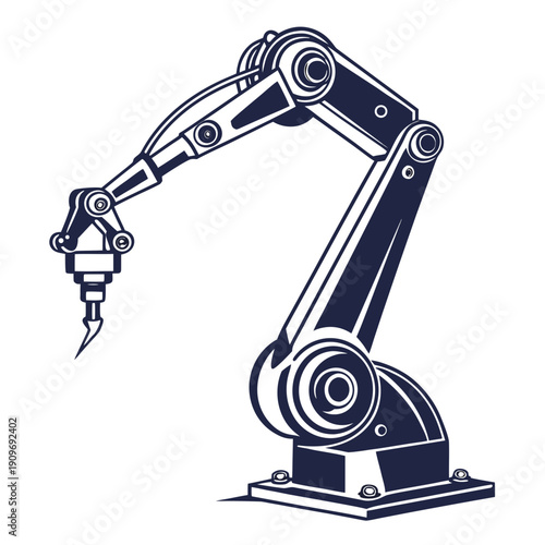 A sophisticated industrial robotic arm with a gripping mechanism in a monochromatic illustration.