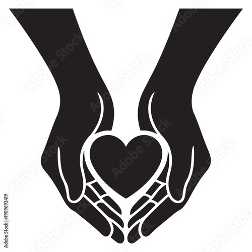 Stylized black hands cradling a heart shape, representing protection, compassion, and selfless giving. Minimalist vector.