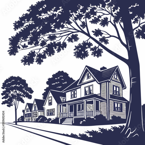 A picturesque village nestled under the shade of ancient trees on a sunny day