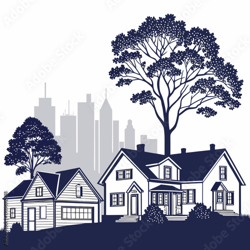 A serene suburban neighborhood with houses and trees under a city skyline