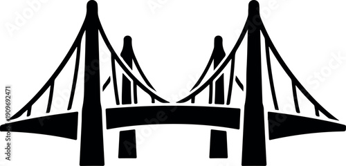Modern suspension bridge vector illustration black and white minimalist design engineering architecture urban infrastructure transportation connectivity
