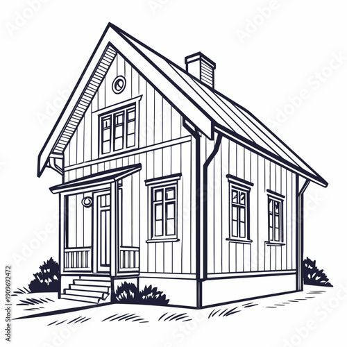 A charming old house with a steep roof and a chimney, surrounded by a small garden