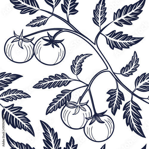 A detailed illustration of a cherry tree branch adorned with ripe cherries and lush green leaves.