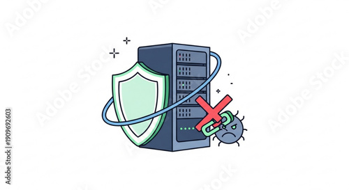 Secure server protected from cyber threat with shield and chain