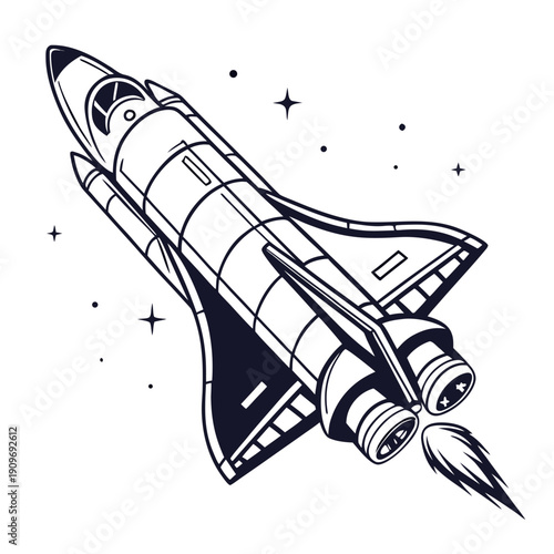 A detailed illustration of a space shuttle launching into the cosmos.