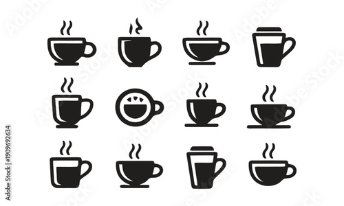 Assorted coffee cup icons with steam, representing hot beverages and cafes