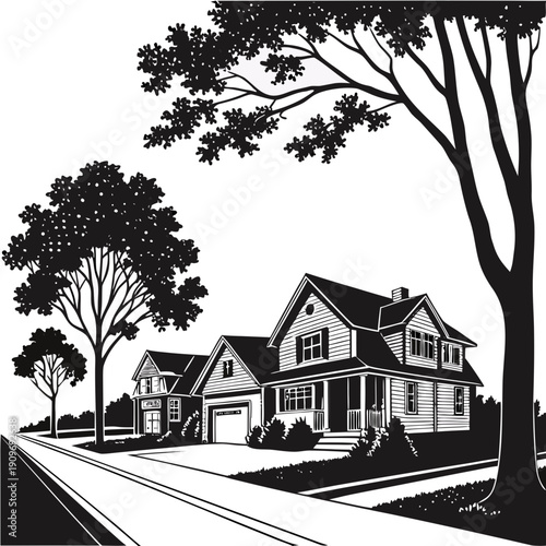 A quaint village scene with houses nestled among tall trees and a winding road