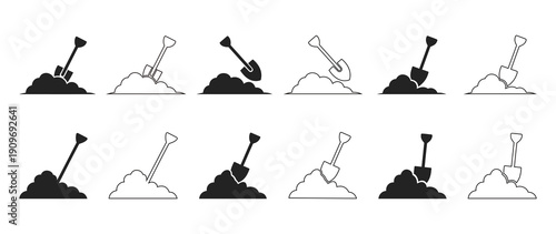 A versatile collection of shovel icons in various styles and colors, perfect for construction, gardening, and DIY projects. Use for presentations, websites, or marketing materials.