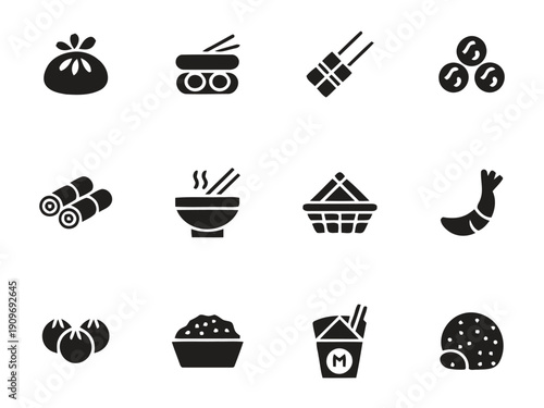 Assorted food and drink icons including dumplings noodles and shrimp