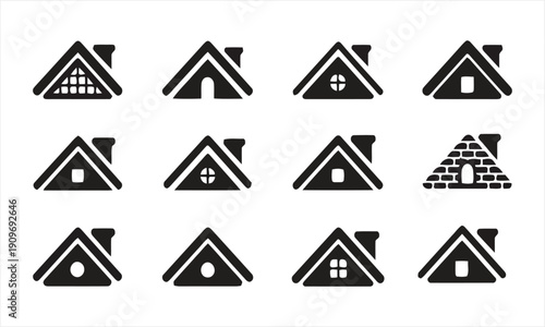 Assorted collection of roof icons with different architectural details and chimney designs