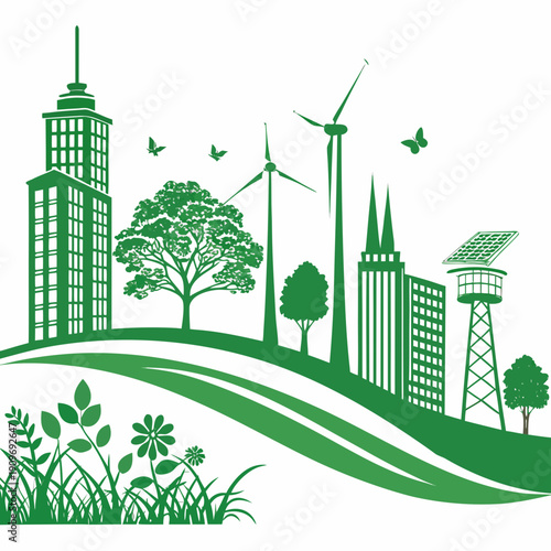 A vibrant illustration of modern cityscape with green energy sources and nature.